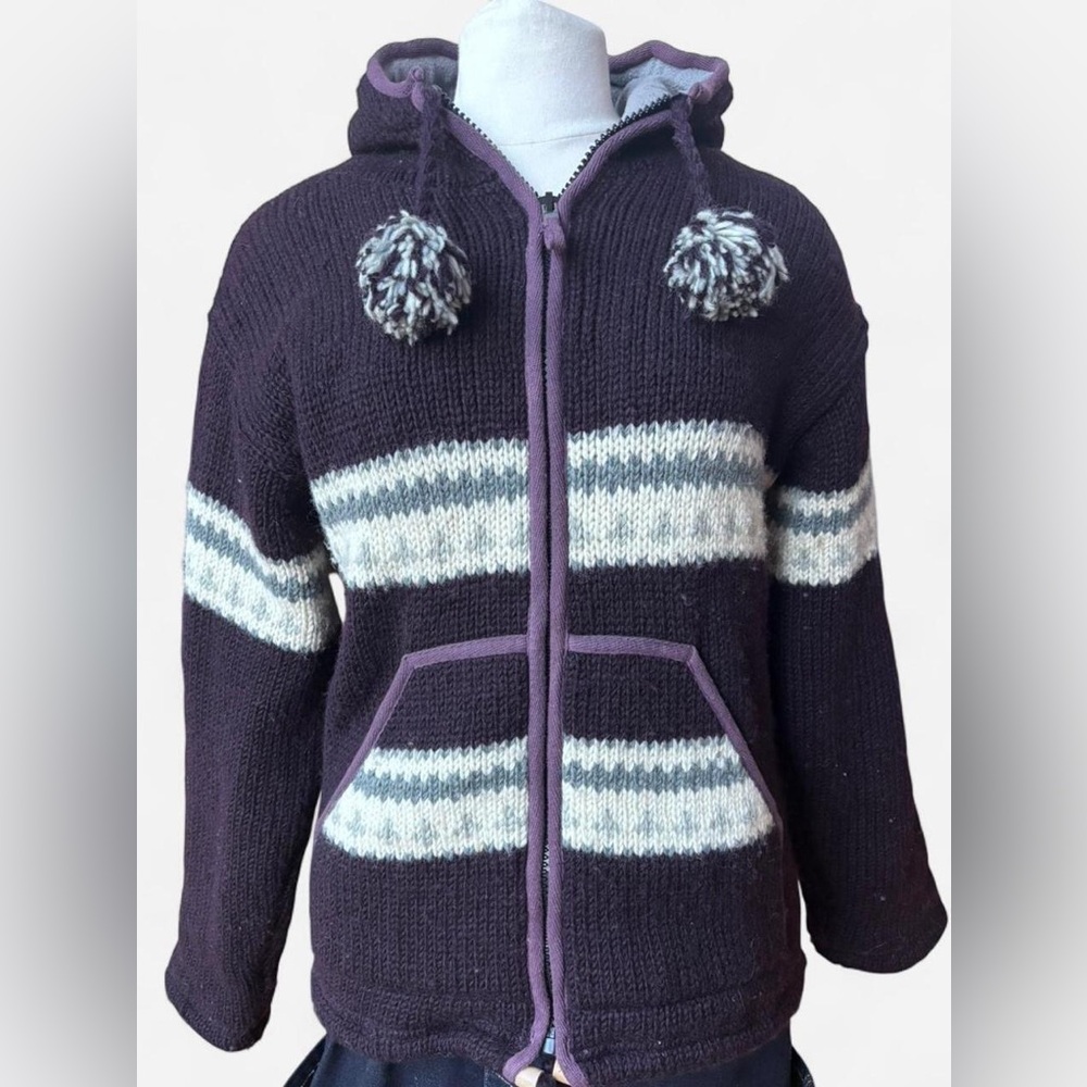 Vintage Y2K Wool Sweater Jacket with Pom Poms